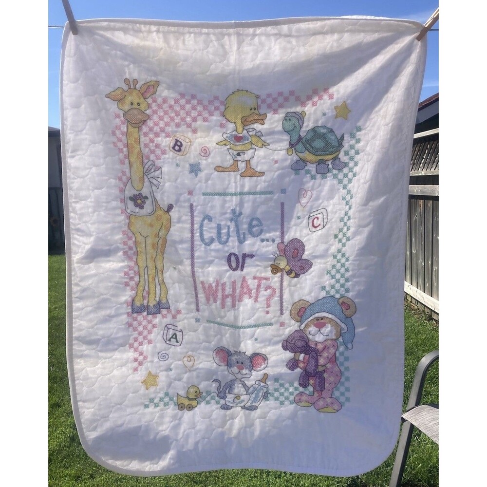 Vintage Cross Stitch Baby Crib Blanket Quilt Cute or What? Handmade 32" x 41"